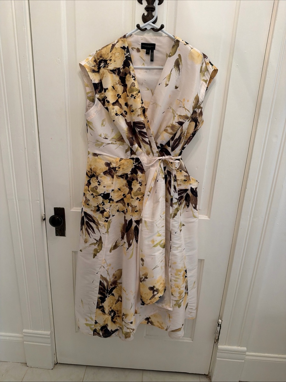 Donna Karan NY Floral Wrap Shimmer Floral Dress Waist Tie Pockets Size 14 $199